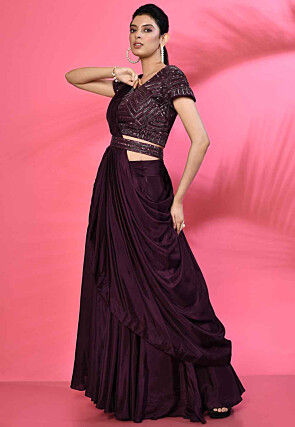 Hand Embroidered Pure Silk Crop Top Set in Wine