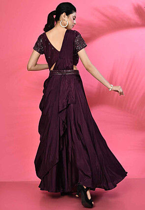 Hand Embroidered Pure Silk Crop Top Set in Wine