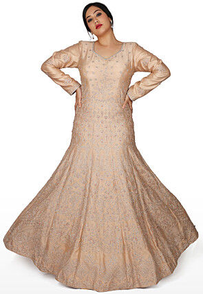 Hand Embroidered Pure Silk Gown in Beige