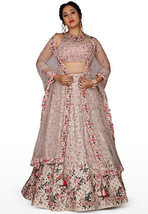 Hand Embroidered Pure Silk Lehenga in Light Pink