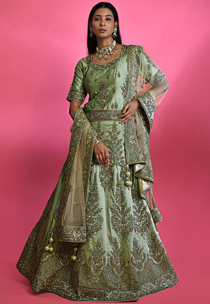 Hand Embroidered Pure Silk Lehenga in Pastel Green