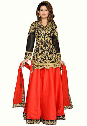 Hand Embroidered Pure Silk Lehenga in Red