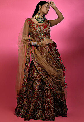 Hand Embroidered Pure Silk Lehenga in Red