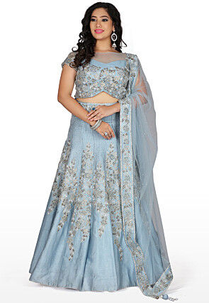 Hand Embroidered Pure Silk Lehenga in Sky Blue