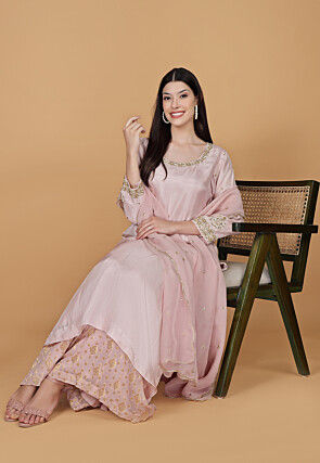 Hand Embroidered Pure Silk Pakistani Suit in Baby Pink
