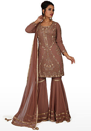 Hand Embroidered Pure Silk Pakistani Suit in Dark Old Rose