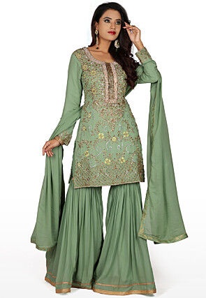 Hand Embroidered Pure Silk Pakistani Suit in Dusty Green