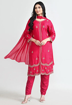 Hand Embroidered Pure Silk Pakistani Suit in Fuchsia