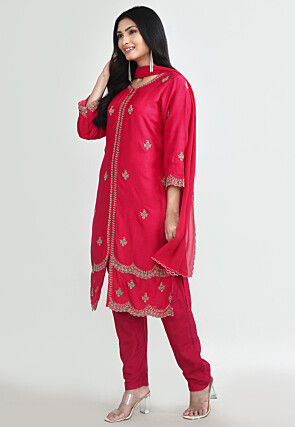 Hand Embroidered Pure Silk Pakistani Suit in Fuchsia