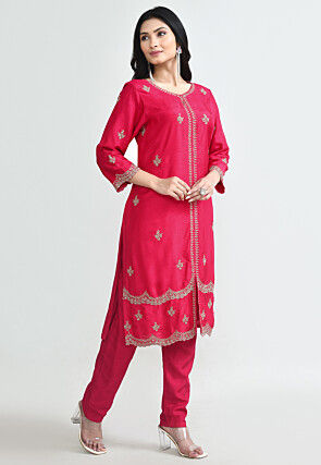 Hand Embroidered Pure Silk Pakistani Suit in Fuchsia