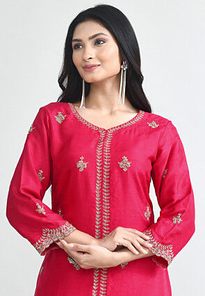 Hand Embroidered Pure Silk Pakistani Suit in Fuchsia