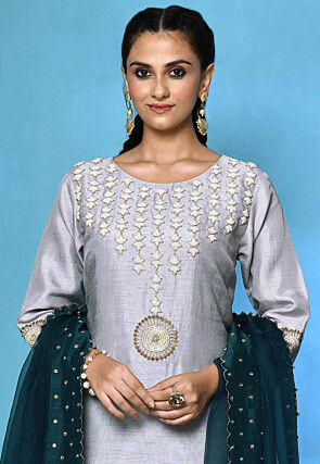 Hand Embroidered Pure Silk Pakistani Suit in Light Grey