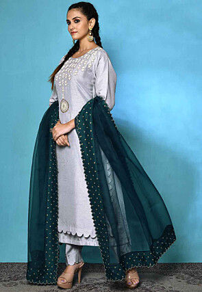 Hand Embroidered Pure Silk Pakistani Suit in Light Grey