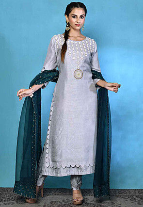 Hand Embroidered Pure Silk Pakistani Suit in Light Grey