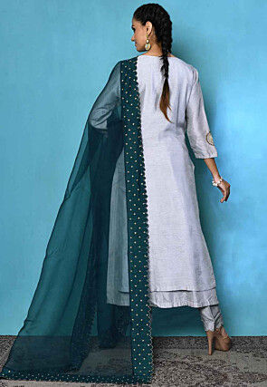 Hand Embroidered Pure Silk Pakistani Suit in Light Grey