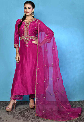 Hand Embroidered Pure Silk Pakistani Suit in Magenta