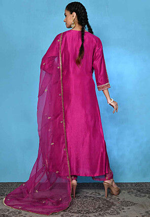 Hand Embroidered Pure Silk Pakistani Suit in Magenta