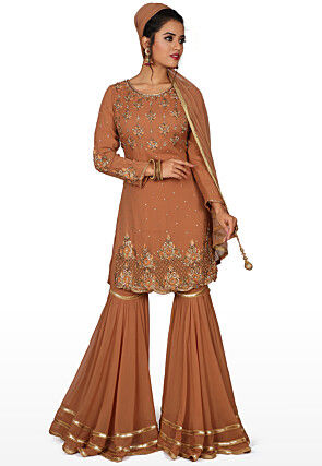 Hand Embroidered Pure Silk Pakistani Suit in Orange