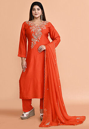 Hand Embroidered Pure Silk Pakistani Suit in Orange
