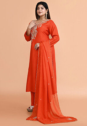 Hand Embroidered Pure Silk Pakistani Suit in Orange