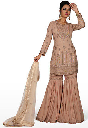 Hand Embroidered Pure Silk Pakistani Suit in Peach