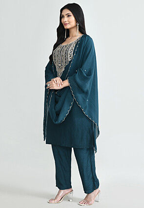 Hand Embroidered Pure Silk Pakistani Suit in Teal Blue