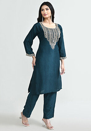 Hand Embroidered Pure Silk Pakistani Suit in Teal Blue