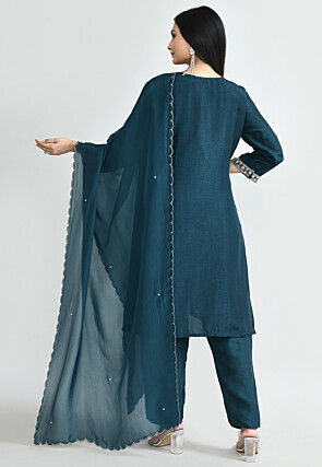Hand Embroidered Pure Silk Pakistani Suit in Teal Blue