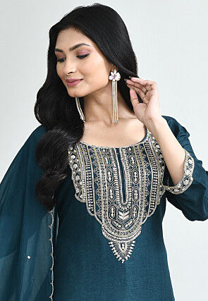 Hand Embroidered Pure Silk Pakistani Suit in Teal Blue