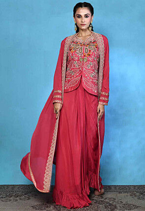 Hand Embroidered Pure Silk Top Set in Coral Pink