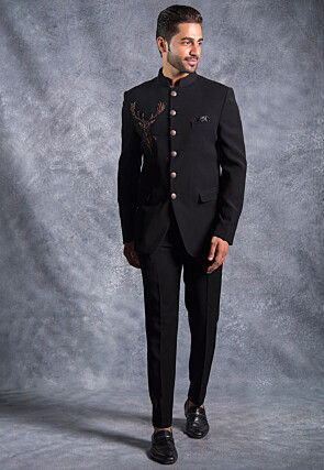 Hand Embroidered Pure Terry Rayon Jodhpuri Suit in Black