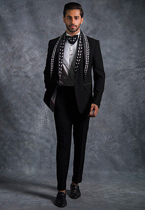 Hand Embroidered Pure Terry Rayon Tuxedo Set in Black
