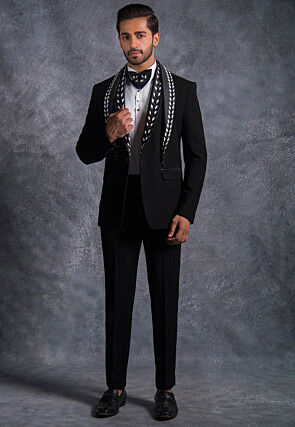 Hand Embroidered Pure Terry Rayon Tuxedo Set in Black