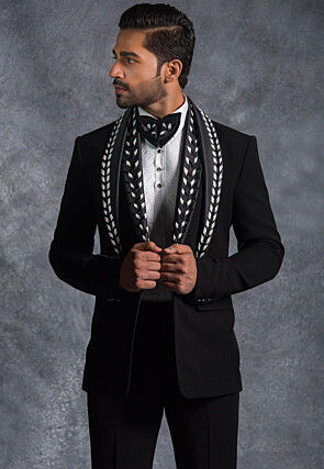 Hand Embroidered Pure Terry Rayon Tuxedo Set in Black