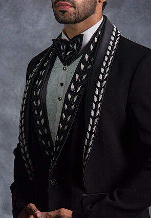 Hand Embroidered Pure Terry Rayon Tuxedo Set in Black