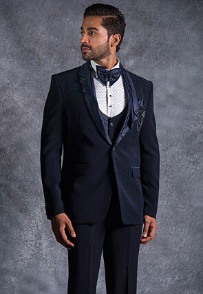 Hand Embroidered Pure Terry Rayon Tuxedo Set in Navy Blue