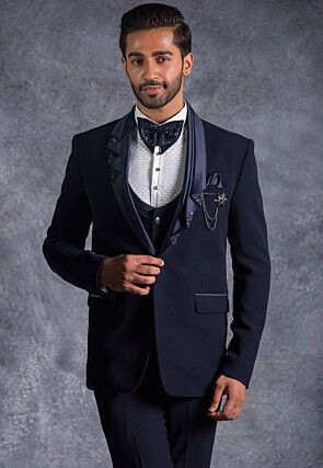 Hand Embroidered Pure Terry Rayon Tuxedo Set in Navy Blue