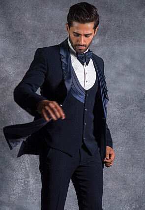 Hand Embroidered Pure Terry Rayon Tuxedo Set in Navy Blue