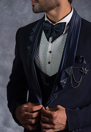 Hand Embroidered Pure Terry Rayon Tuxedo Set in Navy Blue