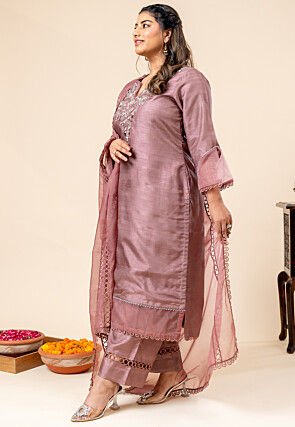 Hand Embroidered Pure Textured Crepe Pakistani Suit in Old Rose
