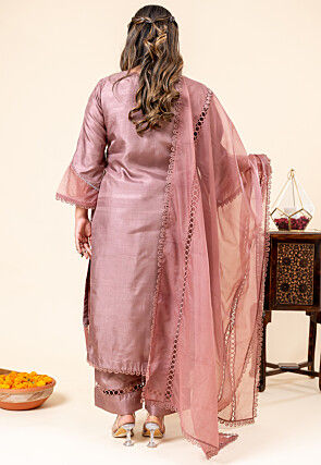 Hand Embroidered Pure Textured Crepe Pakistani Suit in Old Rose