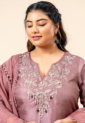 Hand Embroidered Pure Textured Crepe Pakistani Suit in Old Rose