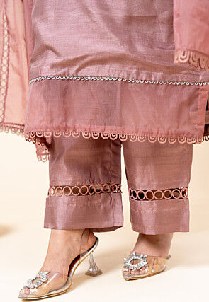 Hand Embroidered Pure Textured Crepe Pakistani Suit in Old Rose