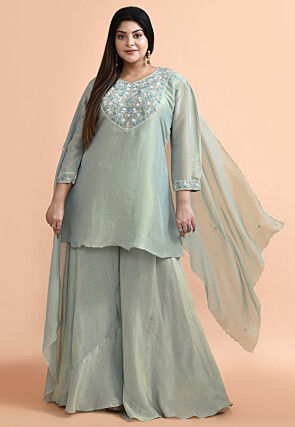 Hand Embroidered Pure Tissue Silk Pakistani Suit in Dusty Green