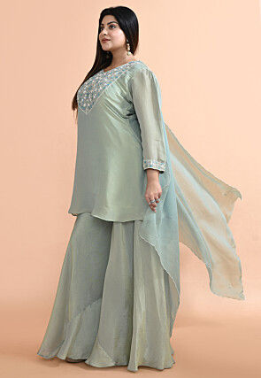 Hand Embroidered Pure Tissue Silk Pakistani Suit in Dusty Green