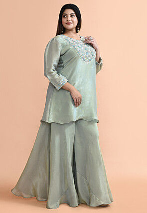 Hand Embroidered Pure Tissue Silk Pakistani Suit in Dusty Green