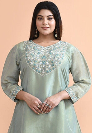 Hand Embroidered Pure Tissue Silk Pakistani Suit in Dusty Green