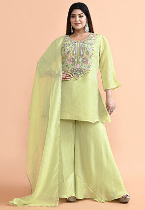 Hand Embroidered Pure Tissue Silk Pakistani Suit in Light Green