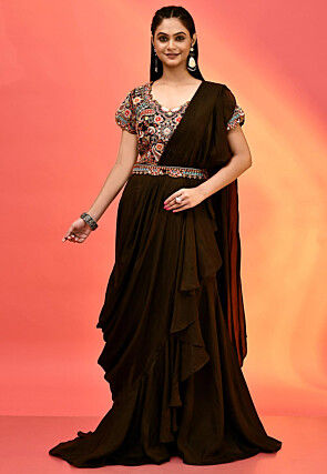 Hand Embroidered Raw Silk Crop Top Set with attached Dupatta in Brown