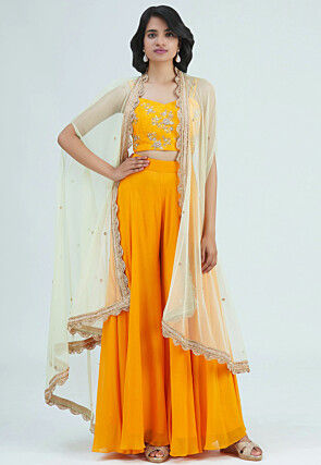 Hand Embroidered Raw Silk Crop Top with Palazzo in Orange